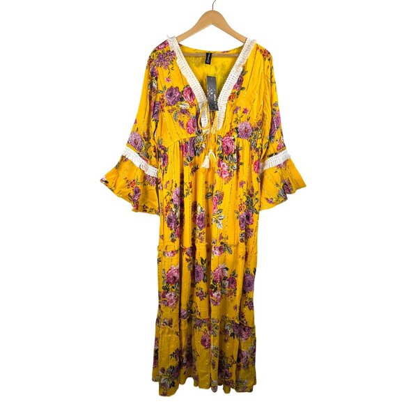 Me 2‎ Magic Bohemian Floral Yellow Maxi Dress vibrant 90s sz L - Picture 1 of 9